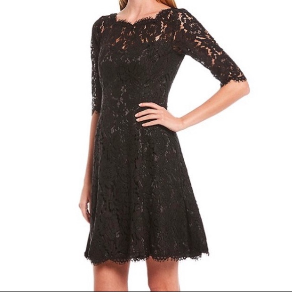 Eliza J Illusion Elbow Sleeve Fit and Flare Dress